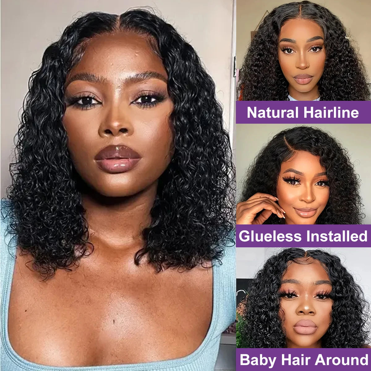 No-Glue Deep Wave Bob Wig – 13x4/7x5 Glueless, 250% Density Curly Human Hair