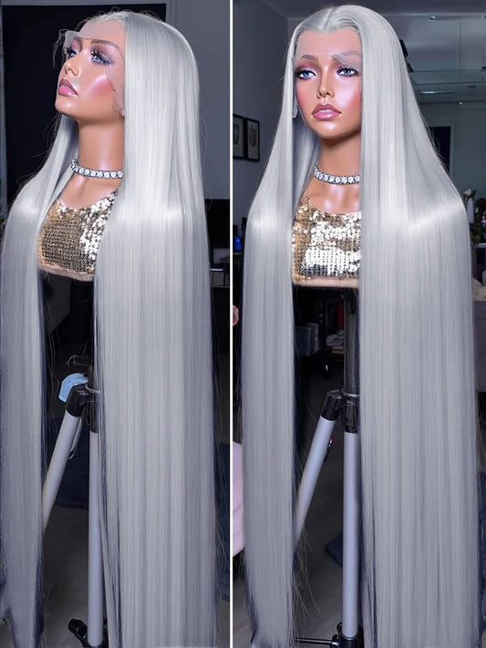 250% Silver Grey Straight Wig – 13x6 HD Lace Front, Brazilian Human Hair 30–40 Inch, 13x4 Lace Frontal