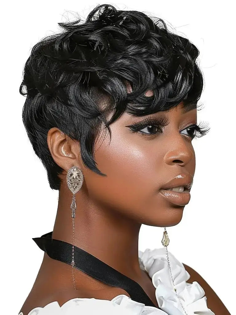 Short Black Elf Wig with Bangs – Layered Curly Synthetic Wig for Women