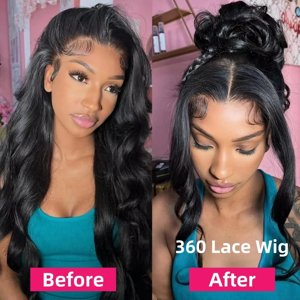 360 Body Wave Lace Front Wig – Hidden Strap Drawstring, 250% Density Full Lace Human Hair
