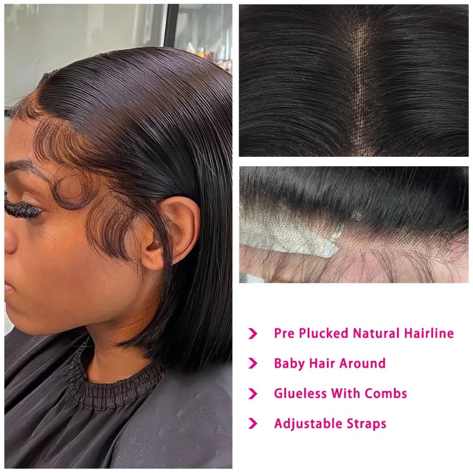 10" Glueless Bob Wig – 4x4 Lace Frontal, 250% Density, Short Straight Human Hair, Ready to Wear