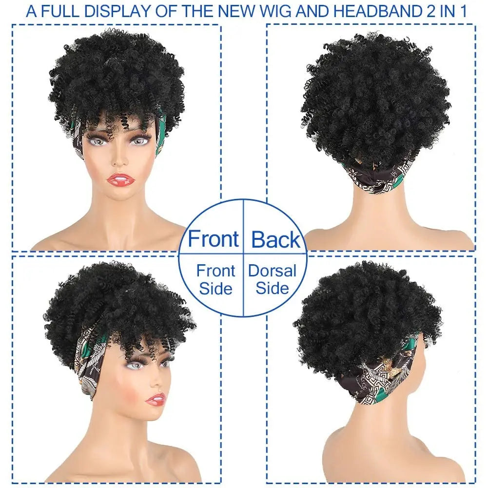 Short African Curly Synthetic Wig – Soft Curls with Attached Headscarf for Black Women