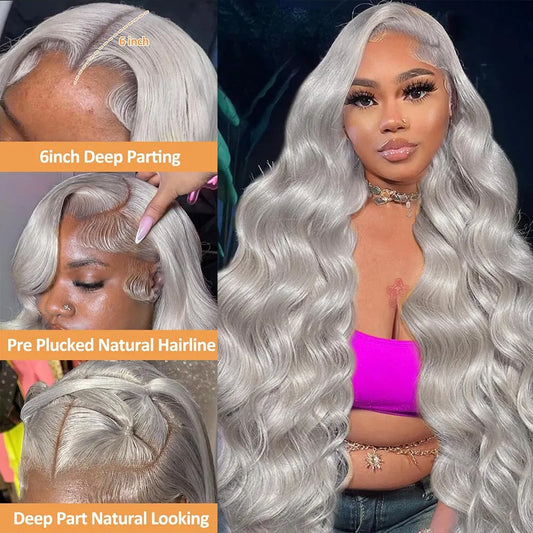 Silver Grey Body Wave Cosplay Wig – 13x4/13x6 HD Lace Front, 613 Colored Brazilian Human Hair