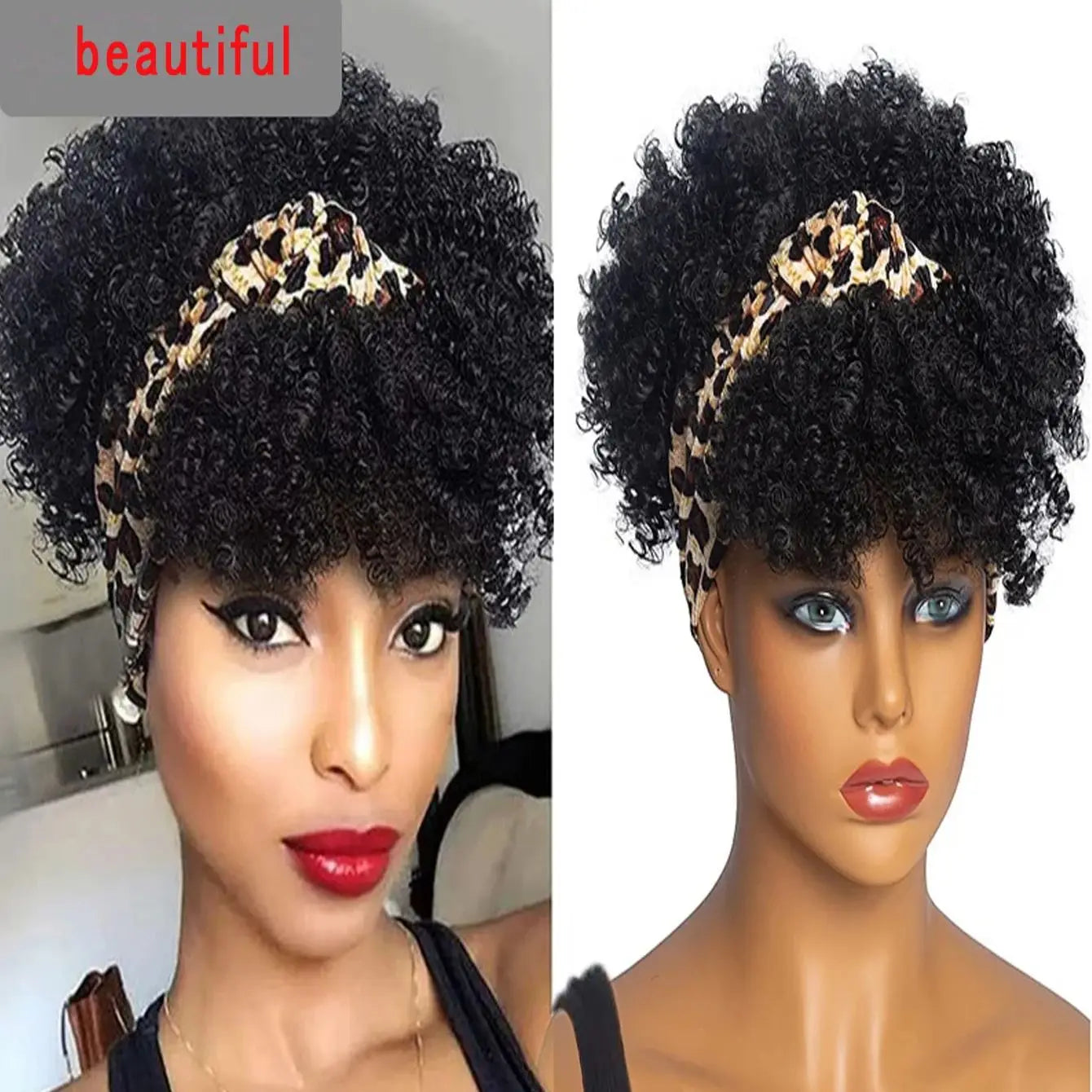 Short African Curly Synthetic Wig – Soft Curls with Attached Headscarf for Black Women