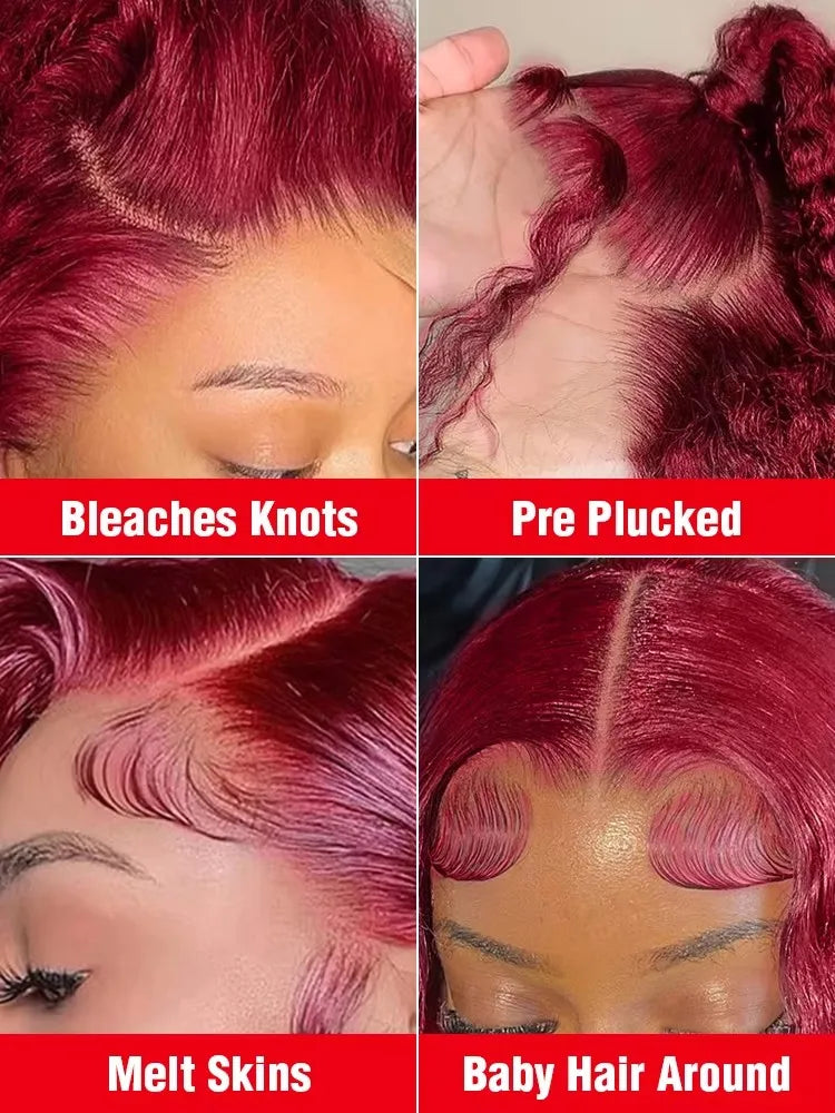 99J Burgundy Straight Wig – 13x6/13x4 HD Lace Front, 200–250% Density Brazilian Human Hair