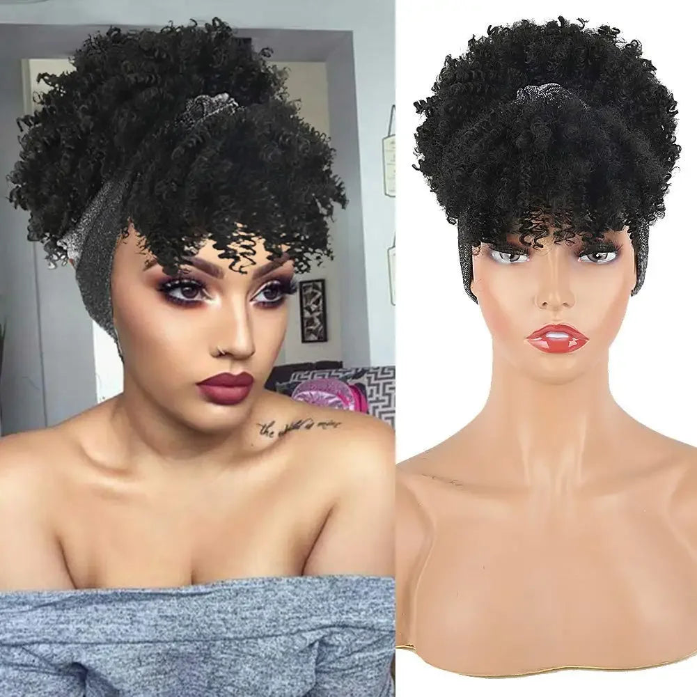 Short African Curly Synthetic Wig – Soft Curls with Attached Headscarf for Black Women