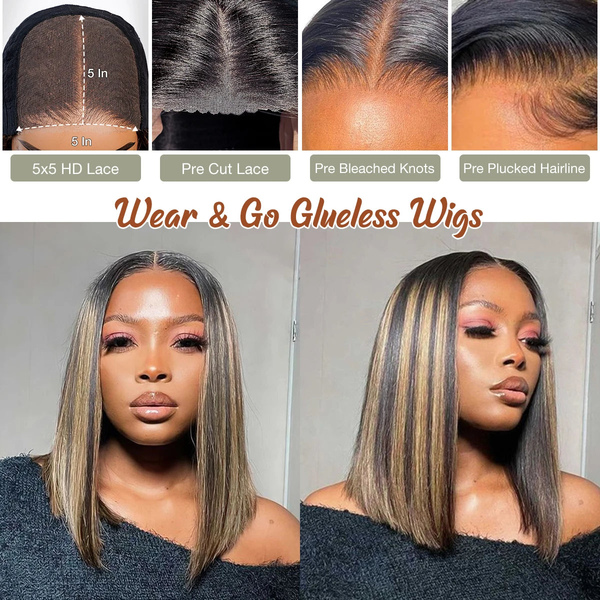Wear & Go Glueless Bob Wig – P1B/27 Blonde Highlight, 5x5 HD Lace Closure, Pre-Plucked Human Hair