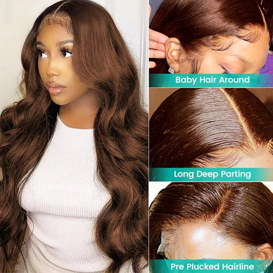 Chocolate Brown Body Wave Lace Frontal Wig – 13x4/13x6, 180% Density Human Hair