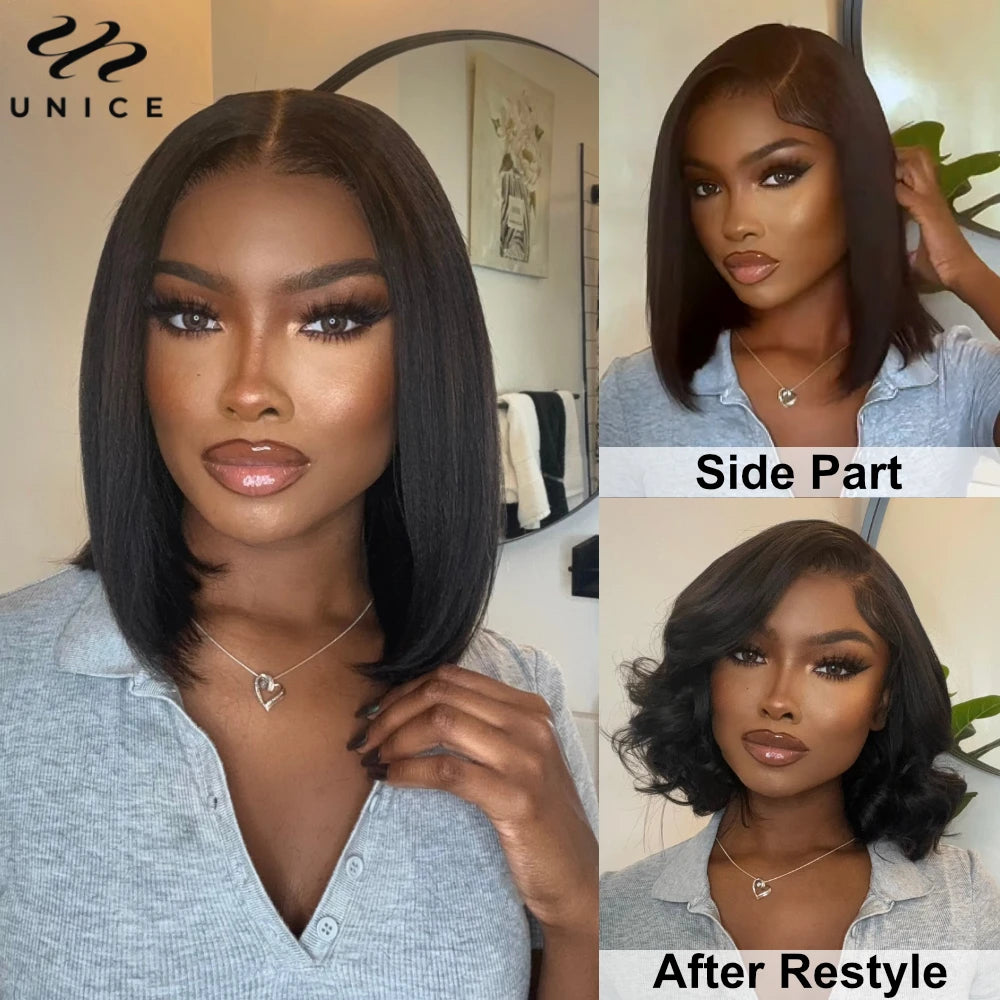Unice Yaki Straight Bob Wig – 7x5 Drawstring Cap, Pre-Cut, Pre-Bleached, Glueless Human Hair