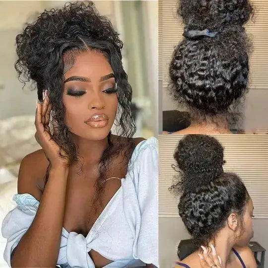 40" Invisible Strap 360 Lace Wig – Full Lace, Natural Black Curly Human Hair with Drawstring