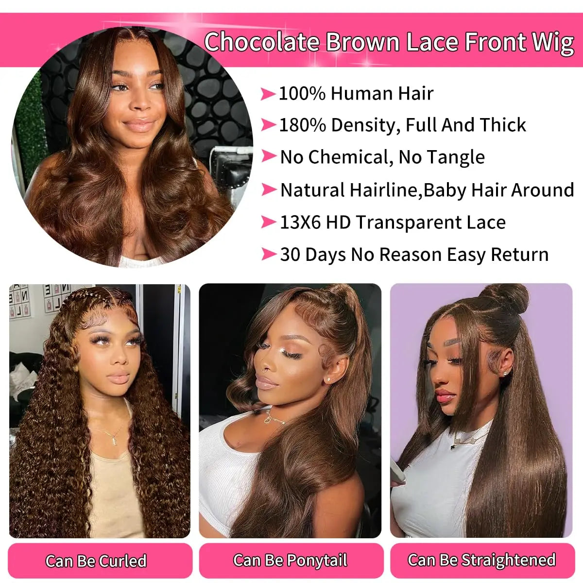 Chocolate Brown Body Wave Lace Frontal Wig – 13x4/13x6, 180% Density Human Hair