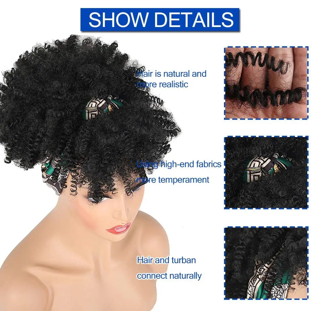 Short African Curly Synthetic Wig – Soft Curls with Attached Headscarf for Black Women