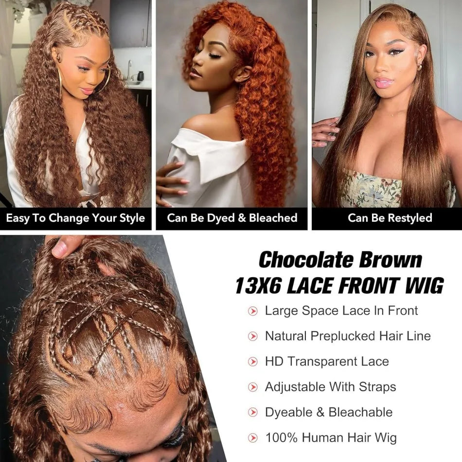 Chocolate Brown Deep Wave Lace Front Wig – 13x6 HD Lace, 250% Density Human Hair