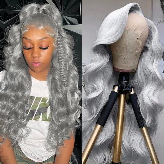 Silver Grey Body Wave Cosplay Wig – 13x4/13x6 HD Lace Front, 613 Colored Brazilian Human Hair