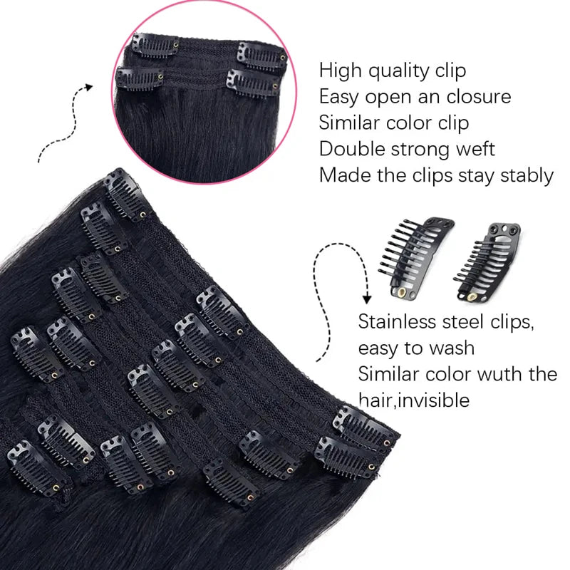 Straight Clip-In Hair Extensions – Soft Black, Thick Human Hair, 12–18 Inches