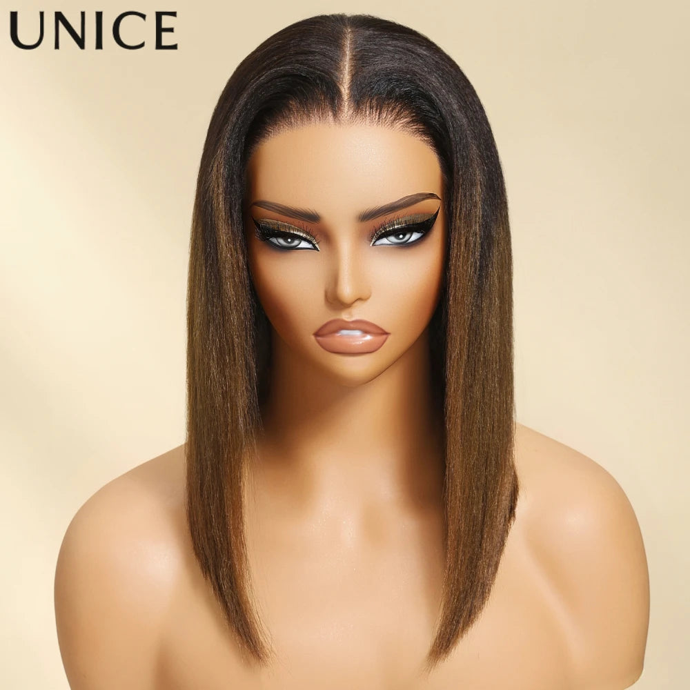 Unice Chestnut Brown Ombre Yaki Straight Bob Wig – 7x5 Pre-Cut, Pre-Bleached, Glueless, 150% Density