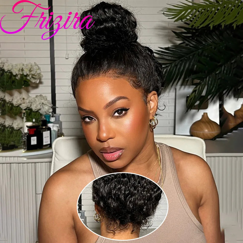 40" Invisible Strap 360 Lace Wig – Full Lace, Natural Black Curly Human Hair with Drawstring