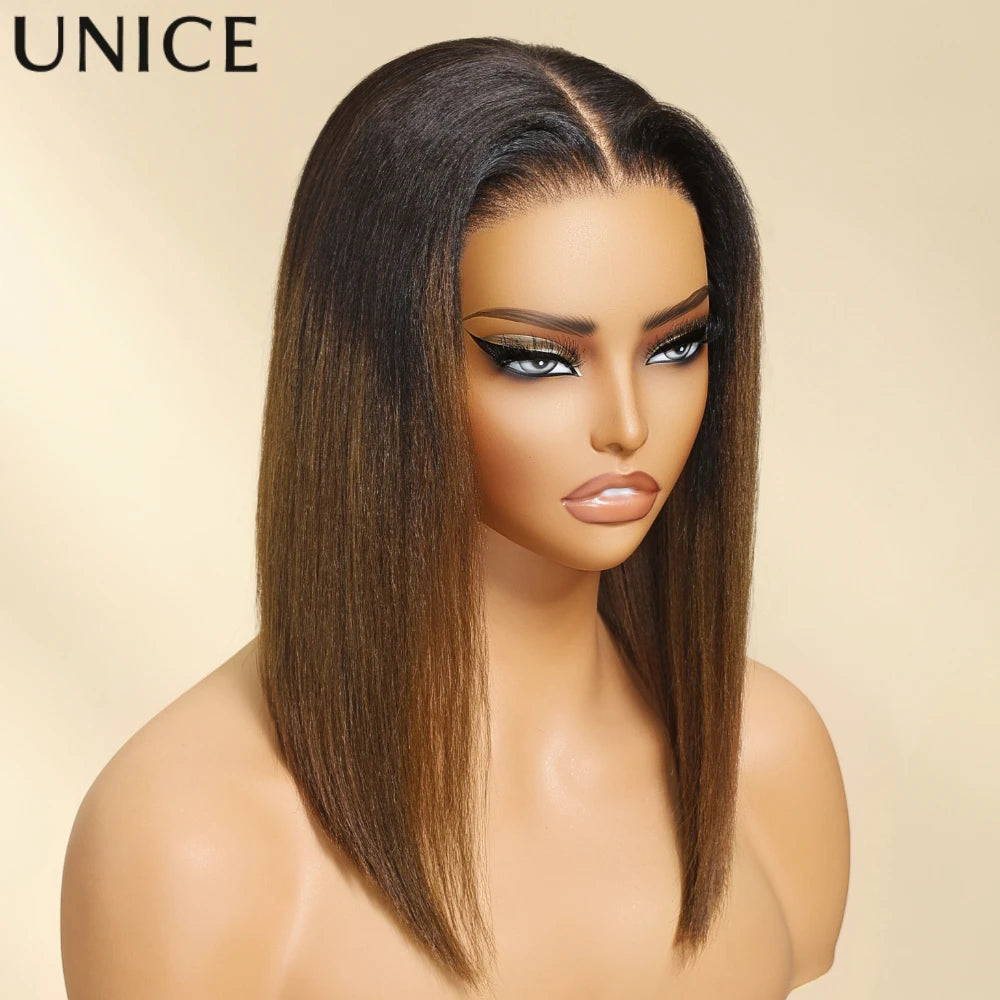 Unice Chestnut Brown Ombre Yaki Straight Bob Wig – 7x5 Pre-Cut, Pre-Bleached, Glueless, 150% Density