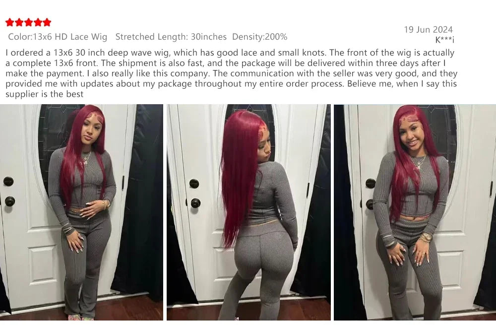 30–36" 99J Burgundy Straight Wig – 13x4/13x6 Lace Front, 200% Density Human Hair