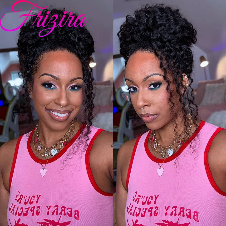 40" Invisible Strap 360 Lace Wig – Full Lace, Natural Black Curly Human Hair with Drawstring