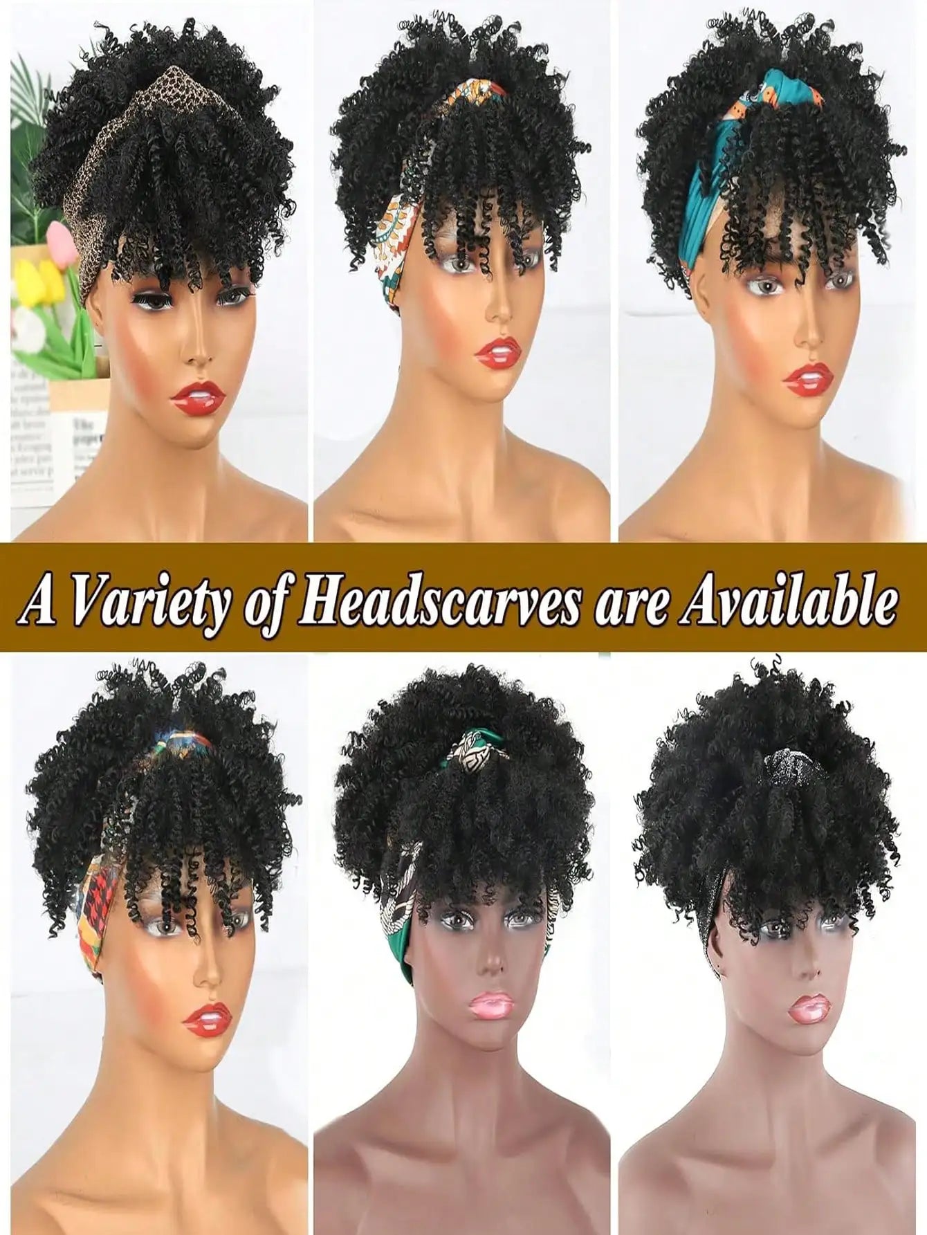 Short African Curly Synthetic Wig – Soft Curls with Attached Headscarf for Black Women