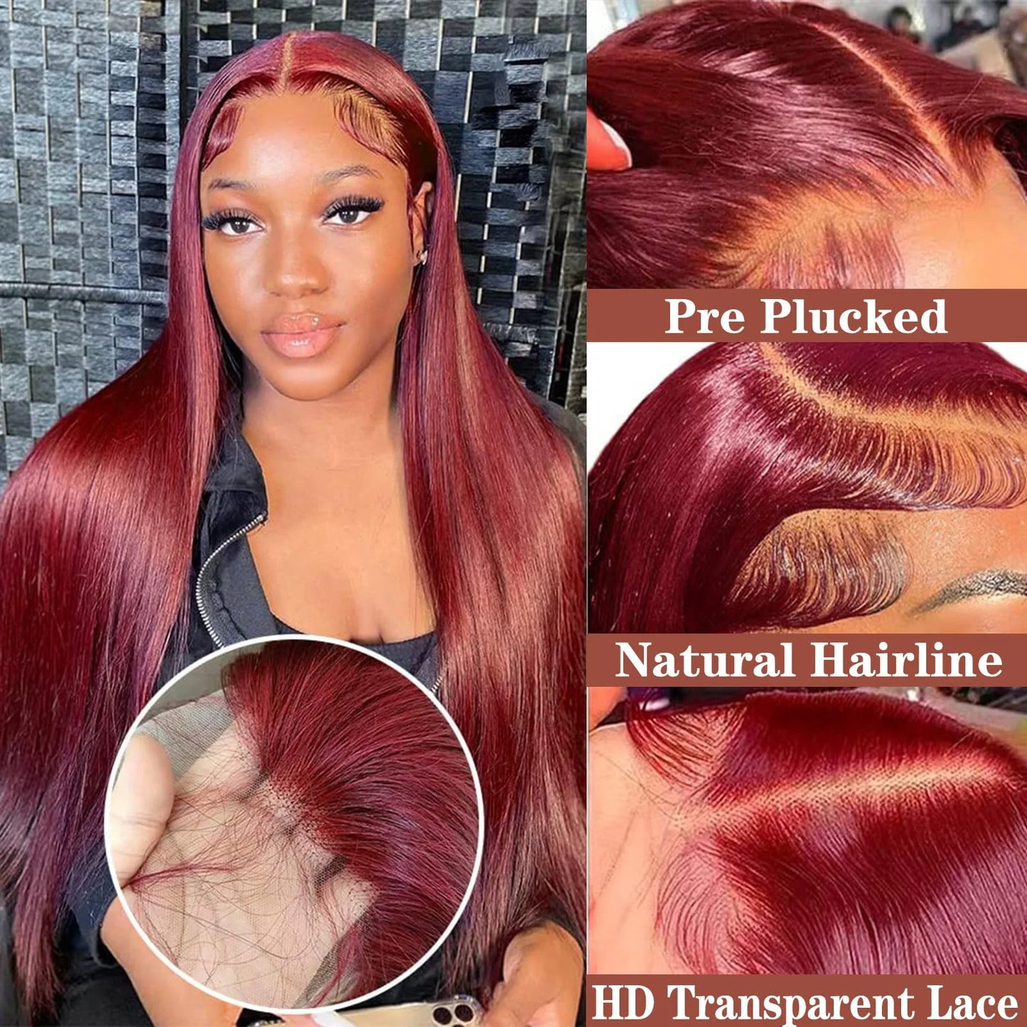 99J Burgundy Straight Wig – 13x4 Lace Front, 7x5 Glueless, 250% Density Human Hair