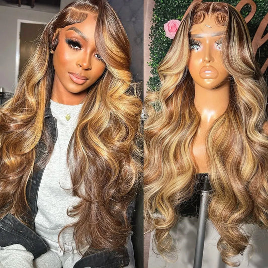 13x6 Highlight Lace Frontal Wig – Ombre Honey Blonde Body Wave, Pre-Plucked Human Hair