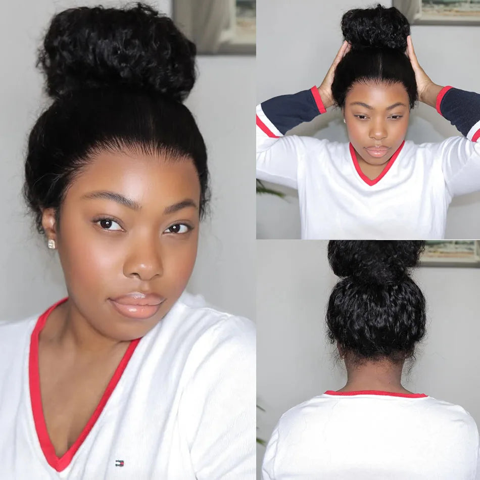 40" Invisible Strap 360 Lace Wig – Full Lace, Natural Black Curly Human Hair with Drawstring