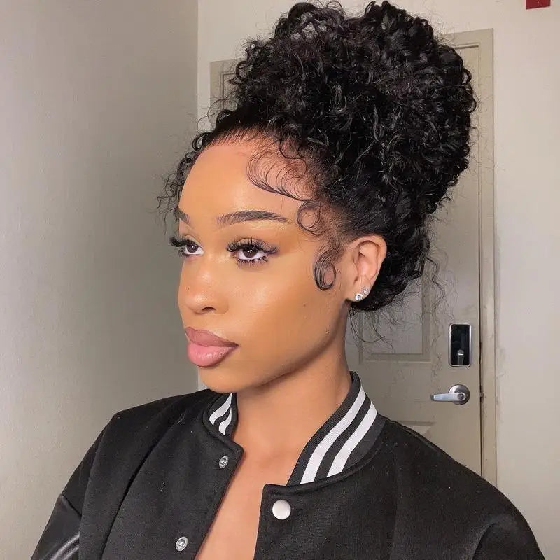 40" Invisible Strap 360 Lace Wig – Full Lace, Natural Black Curly Human Hair with Drawstring