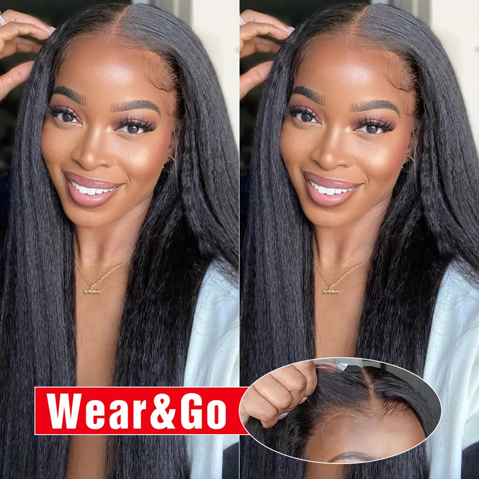 Glueless Yaki Kinky Straight Wig – Pre-Cut HD Lace, Pre-Plucked 100% Human Hair, Ready to Wear