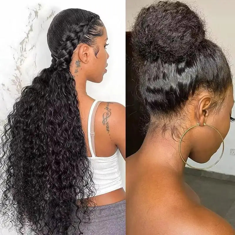 40" Invisible Strap 360 Lace Wig – Full Lace, Natural Black Curly Human Hair with Drawstring
