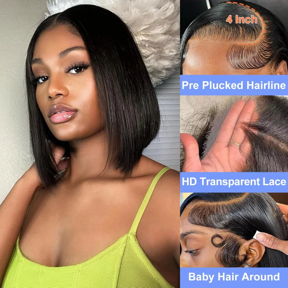 10" Glueless Bob Wig – 4x4 Lace Frontal, 250% Density, Short Straight Human Hair, Ready to Wear