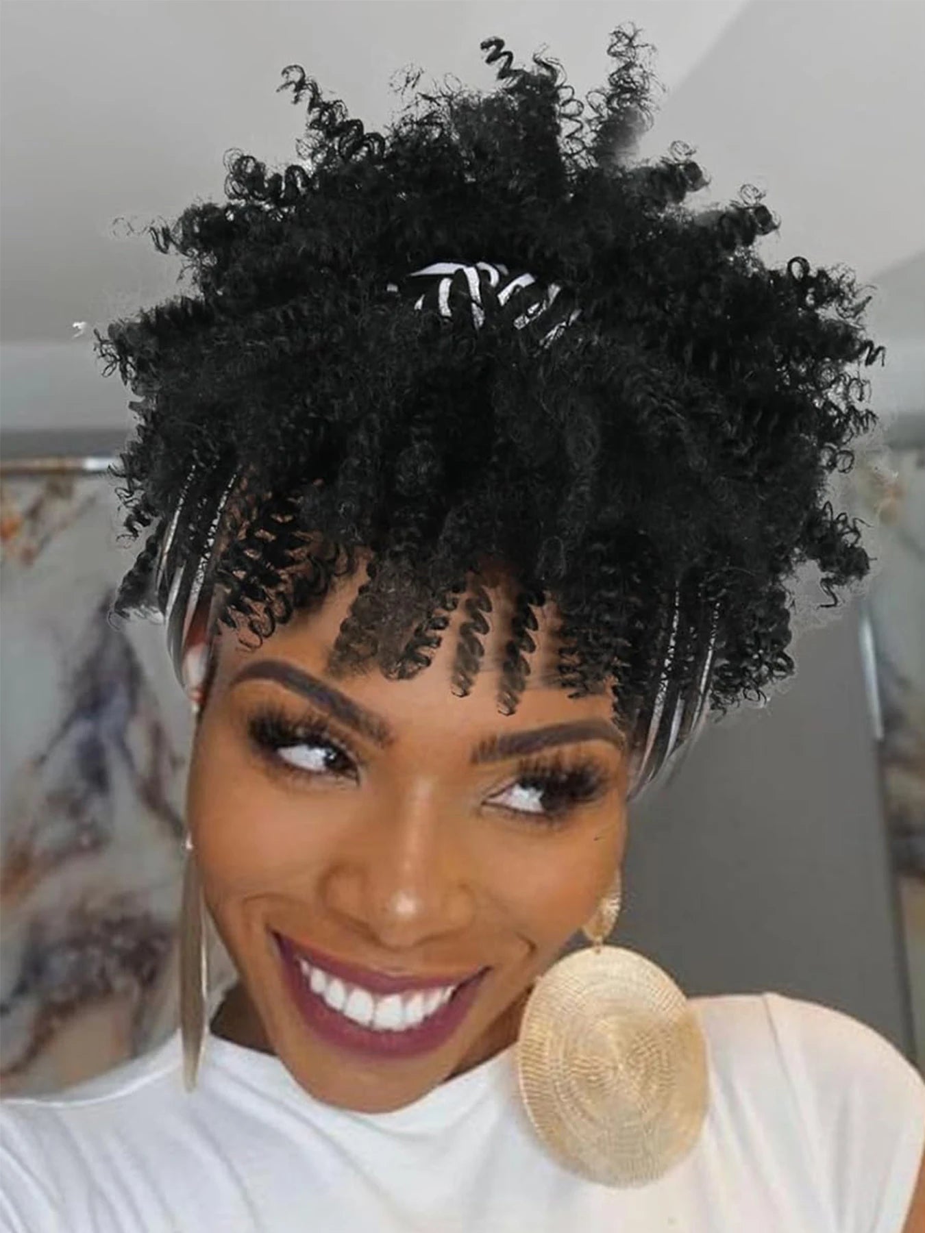 Short African Curly Synthetic Wig – Soft Curls with Attached Headscarf for Black Women