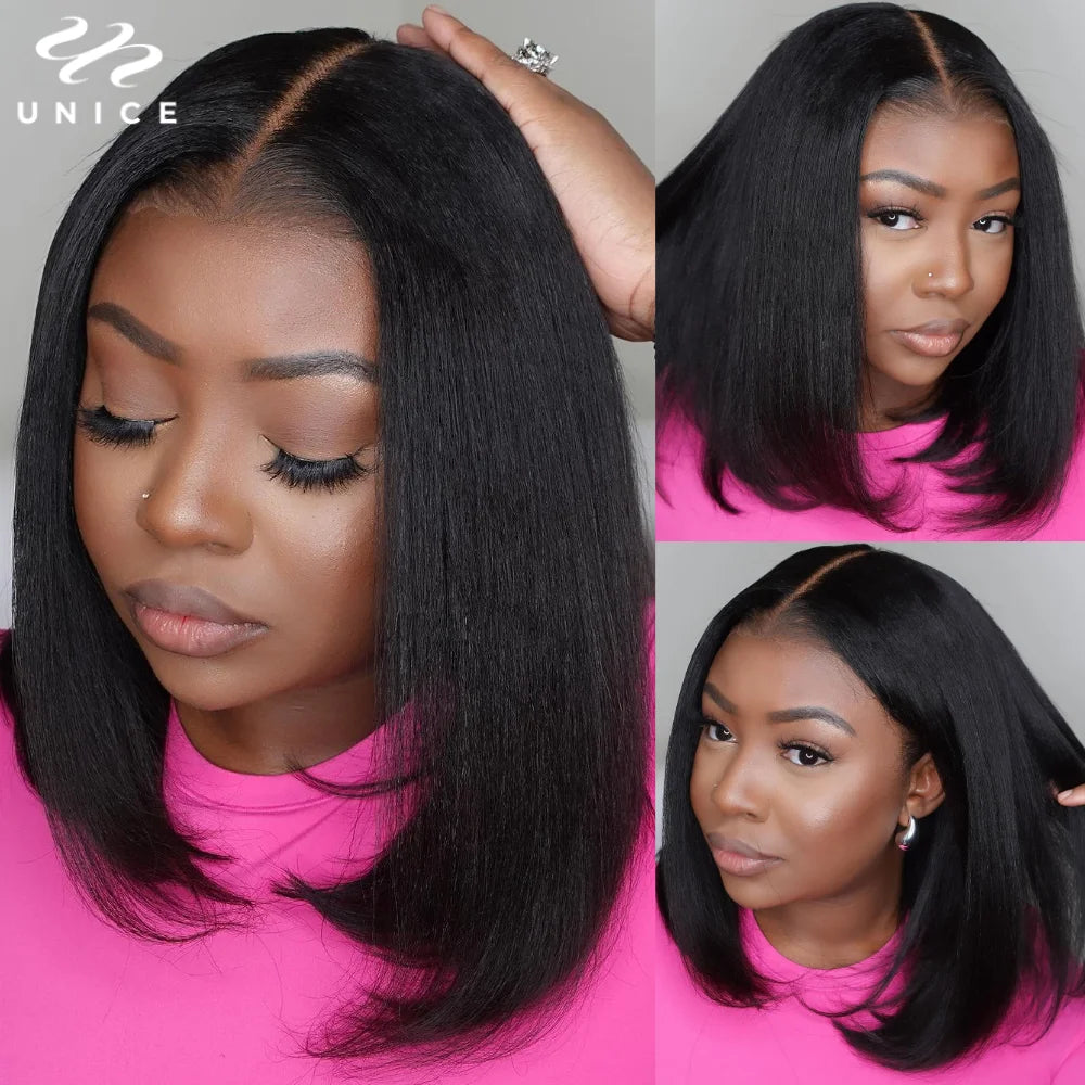 Unice Yaki Straight Bob Wig – 7x5 Drawstring Cap, Pre-Cut, Pre-Bleached, Glueless Human Hair