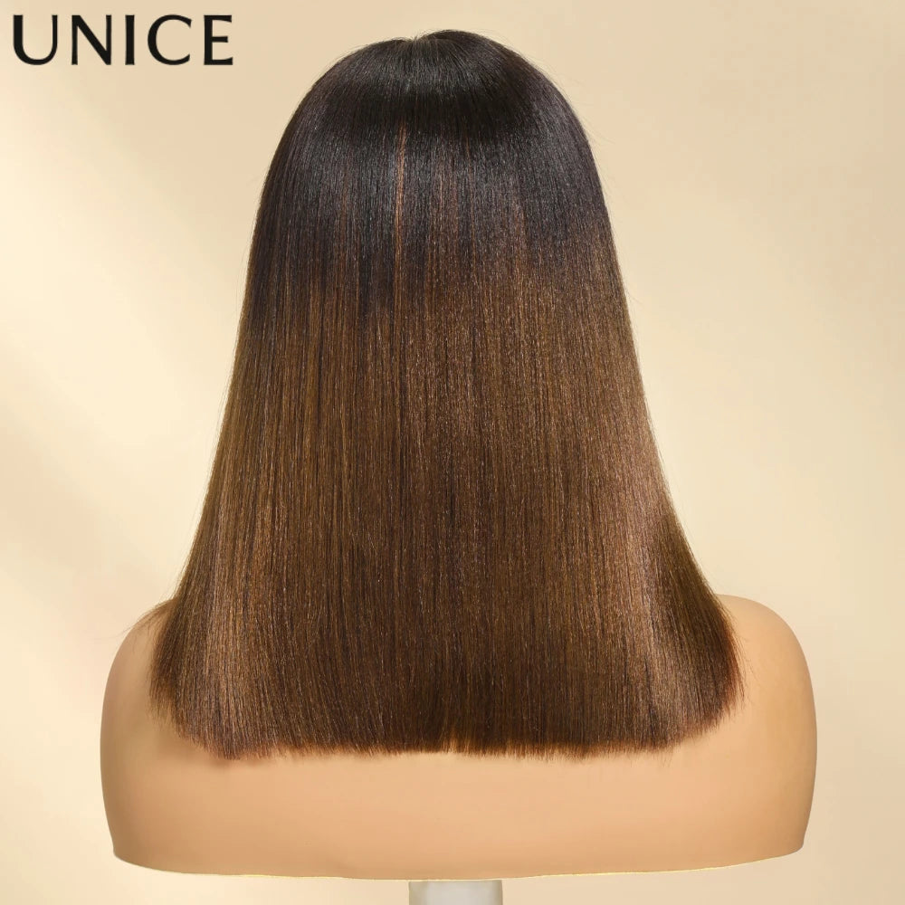 Unice Chestnut Brown Ombre Yaki Straight Bob Wig – 7x5 Pre-Cut, Pre-Bleached, Glueless, 150% Density