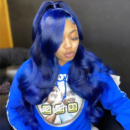 Navy Blue Body Wave Wig – 13x4 Transparent Lace Front, Brazilian Colored, Pre-Plucked Human Hair