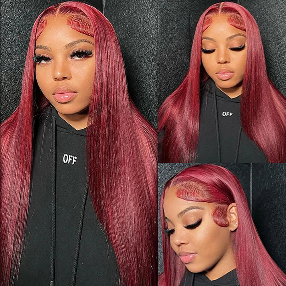 99J Burgundy Straight Wig – 13x6/13x4 HD Lace Front, 200–250% Density Brazilian Human Hair