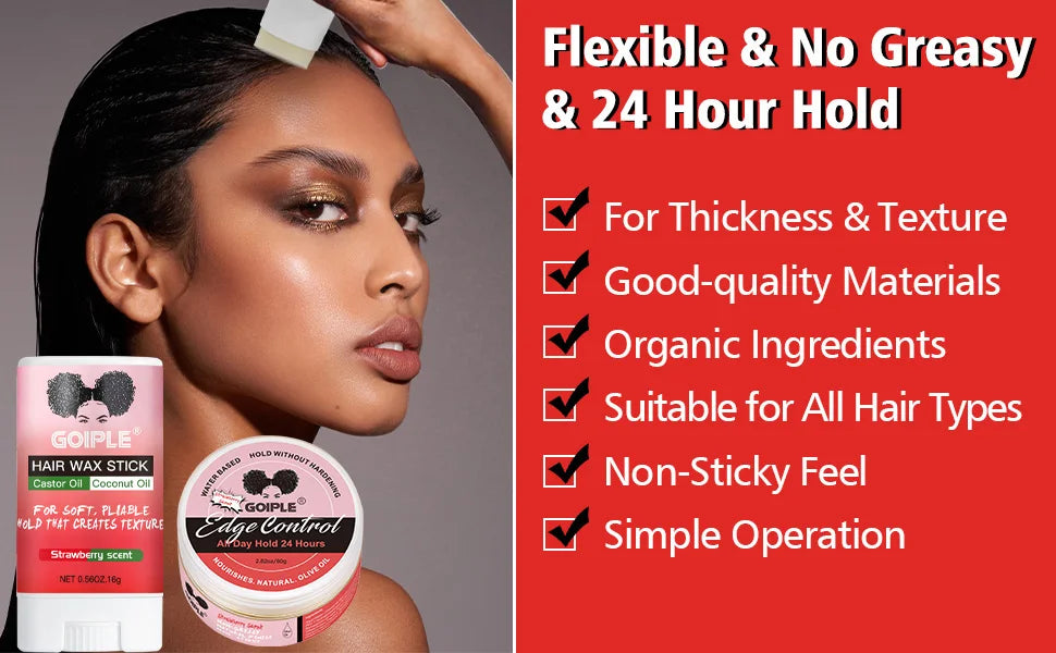 GOIPLE Edge Control Gel Set – Strong Hold 4C Pomade, Hair Wax Stick, Frizz Tamer with Brush & Band