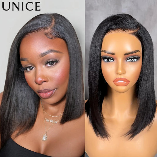 Unice Yaki Straight Bob Wig – 7x5 Drawstring Cap, Pre-Cut, Pre-Bleached, Glueless Human Hair