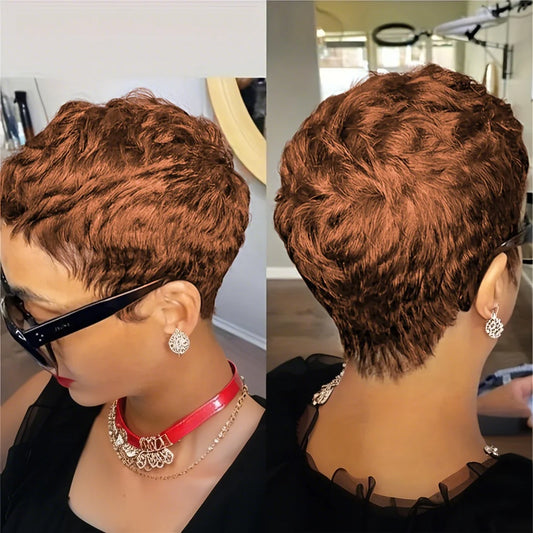 6" Short Pixie Cut Straight Wig – 100% Human Hair, Machine Made with Pre-Styled Bangs & Natural Hairline
