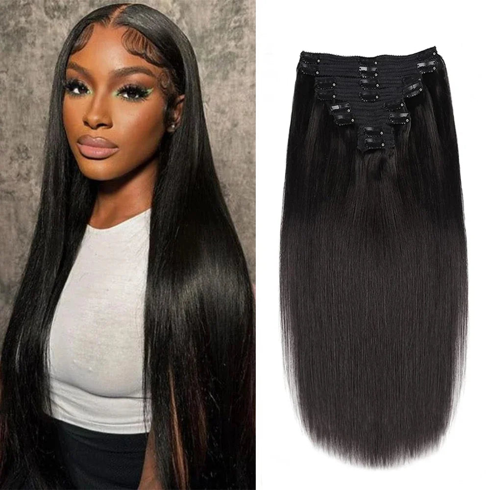Straight Clip-In Hair Extensions – Soft Black, Thick Human Hair, 12–18 Inches