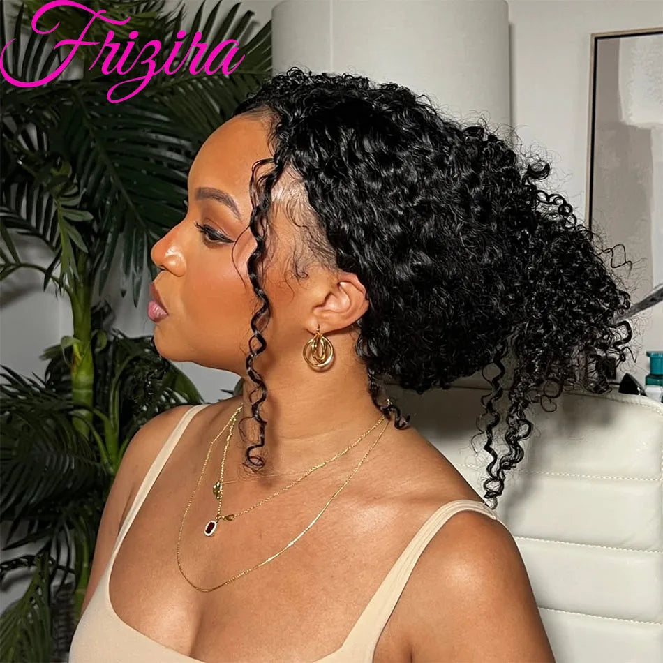 40" Invisible Strap 360 Lace Wig – Full Lace, Natural Black Curly Human Hair with Drawstring