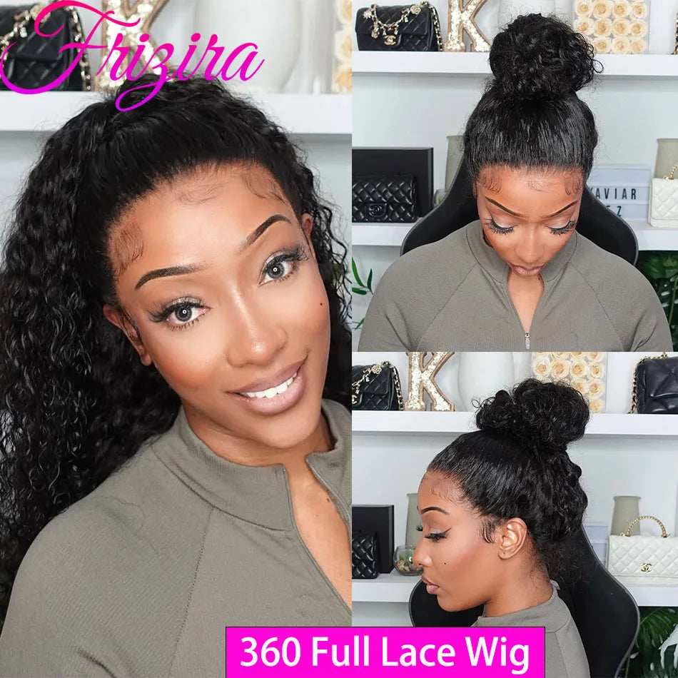 40" Invisible Strap 360 Lace Wig – Full Lace, Natural Black Curly Human Hair with Drawstring