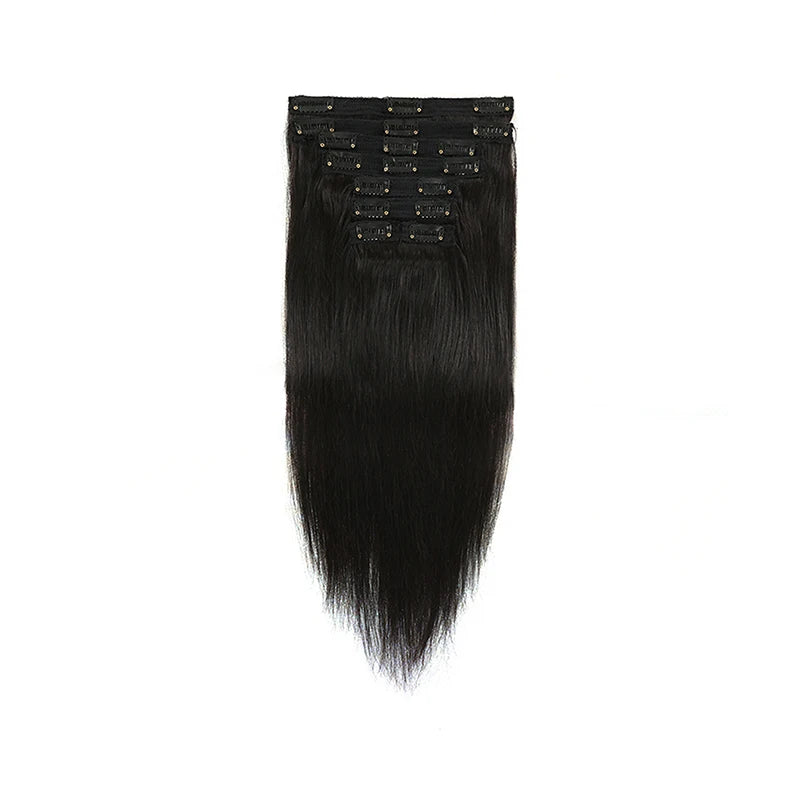 Straight Clip-In Hair Extensions – Soft Black, Thick Human Hair, 12–18 Inches