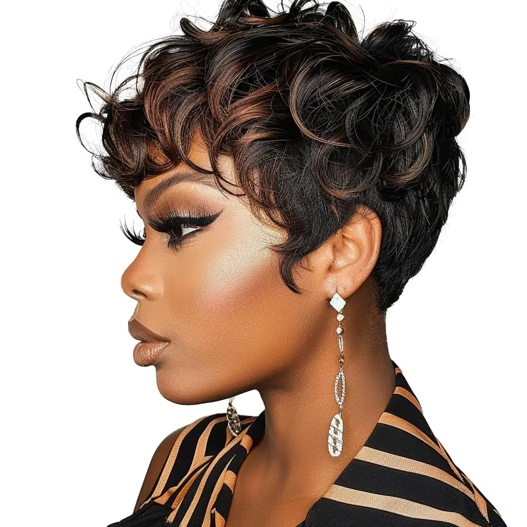 Short Black Elf Wig with Bangs – Layered Curly Synthetic Wig for Women