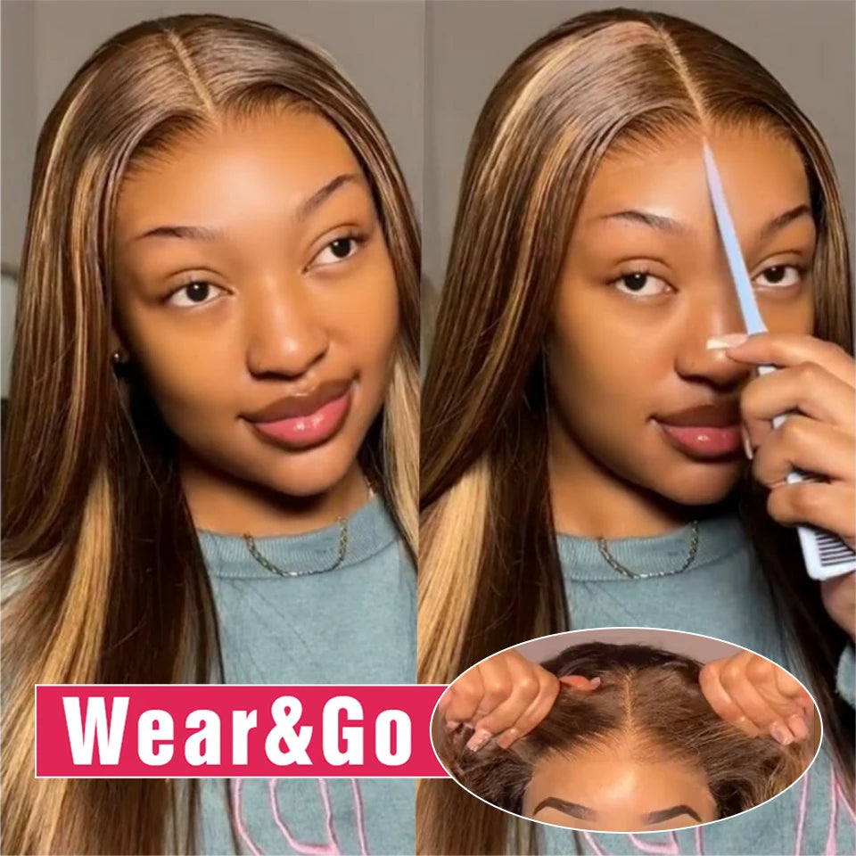 Glueless Highlight Straight Wig – 13x6 HD Lace Front, Ombre Brazilian Human Hair