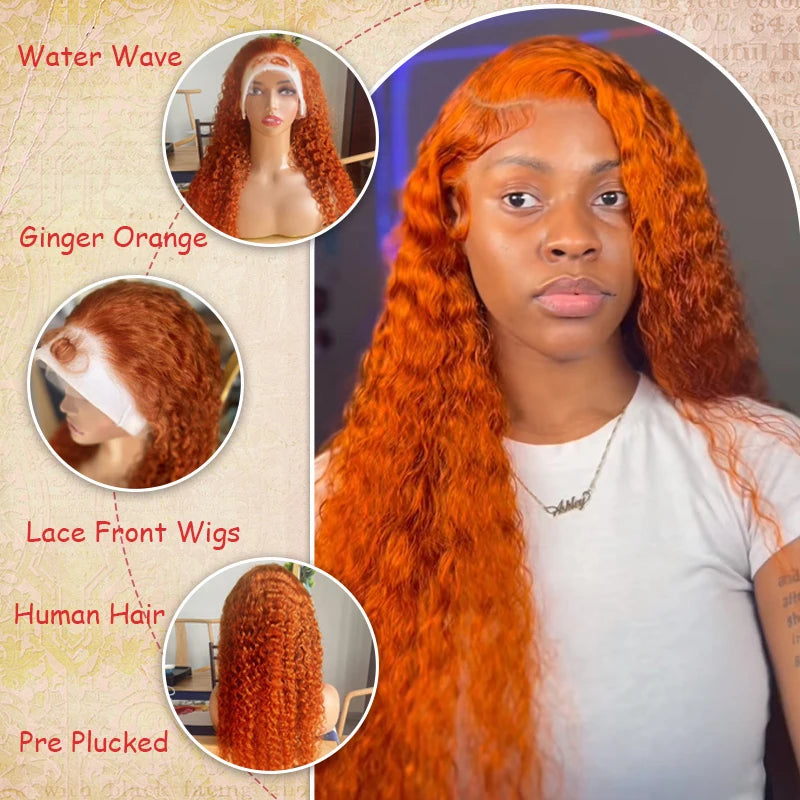 Water Wave Ginger Lace Front Wig – #350 Color, 13x4/13x6 Deep Curly Brazilian Human Hair
