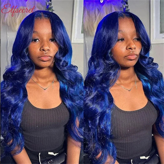Navy Blue Body Wave Wig – 13x4 Transparent Lace Front, Brazilian Colored, Pre-Plucked Human Hair