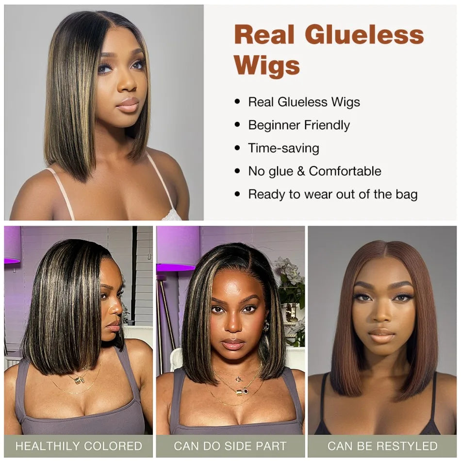 Wear & Go Glueless Bob Wig – P1B/27 Blonde Highlight, 5x5 HD Lace Closure, Pre-Plucked Human Hair