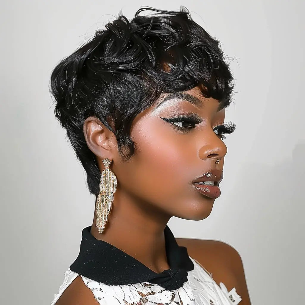 Short Curly Black Elf Wig – Synthetic, Natural Wave, Layered Cut for Women